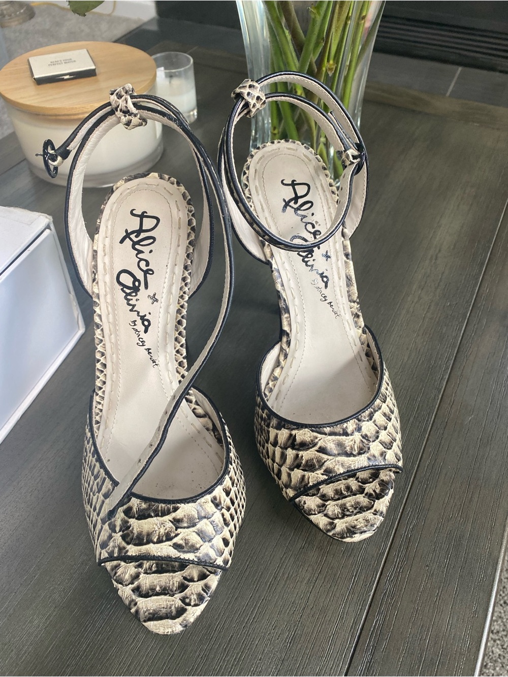 Alice + Olivia Landon Neutral Snake-Print Pointed Toe Ankle-Strap Heels